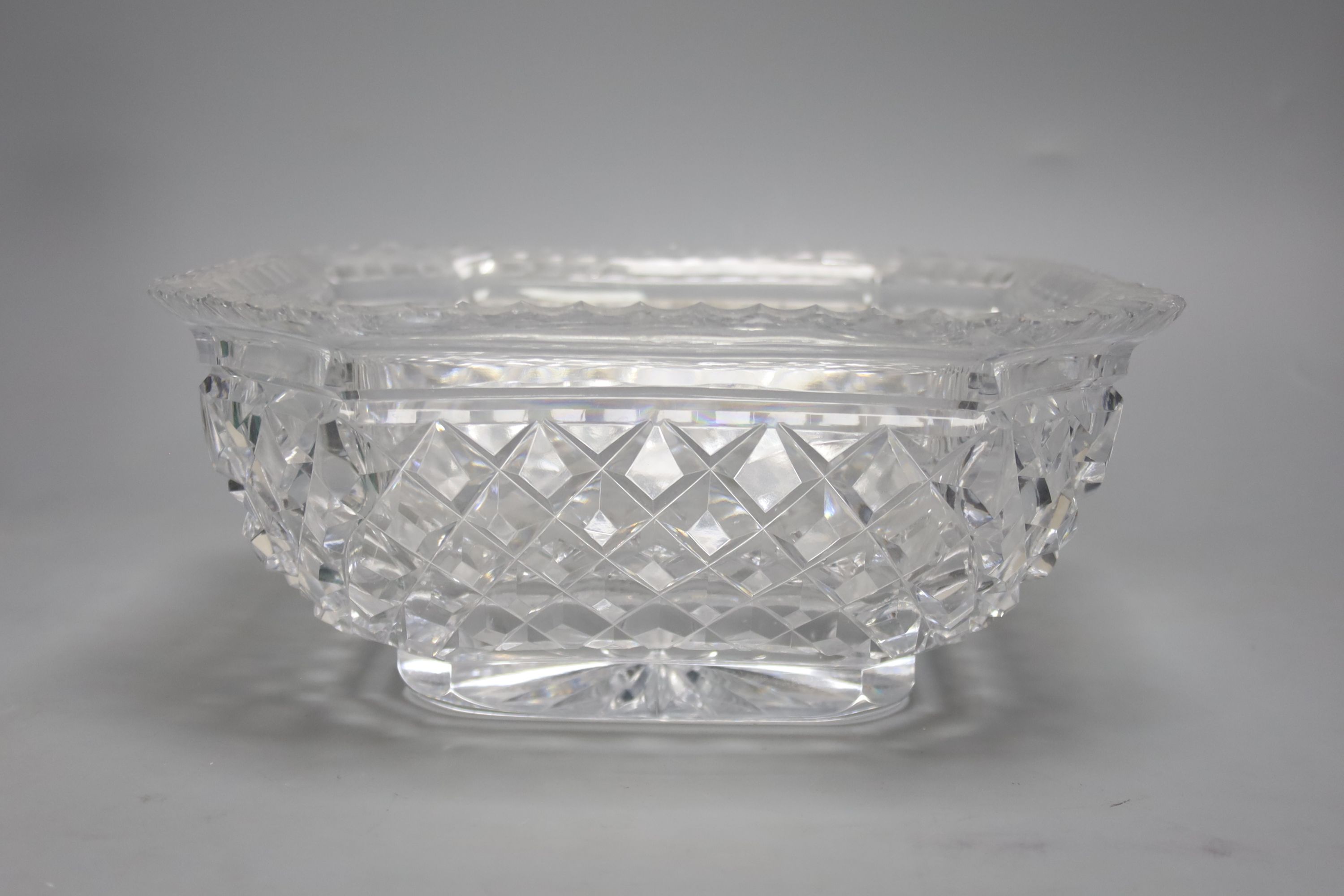 Two green glass dumps, a heavy cut glass bowl and a decanter